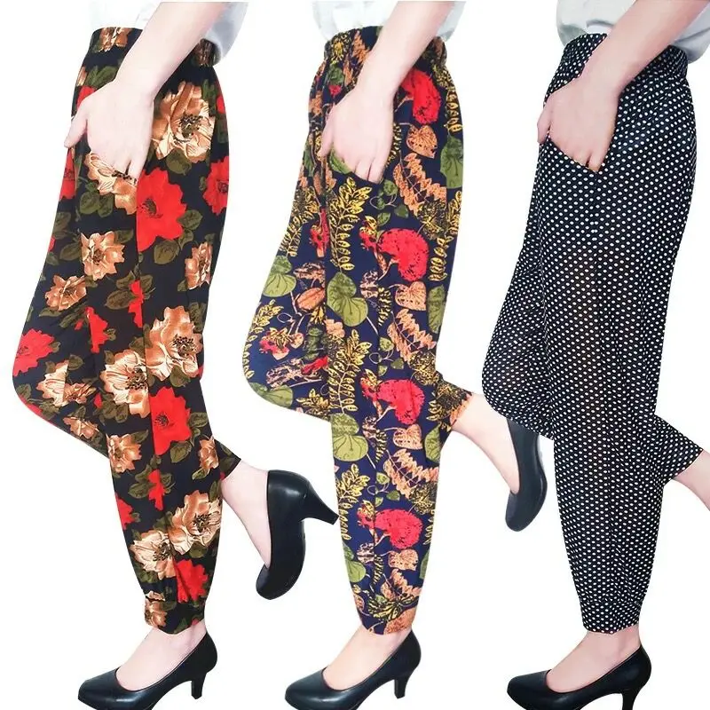 

women clothing women pants ankle-length pants print high elastic trousers elastic waist european summer thin pants women capris