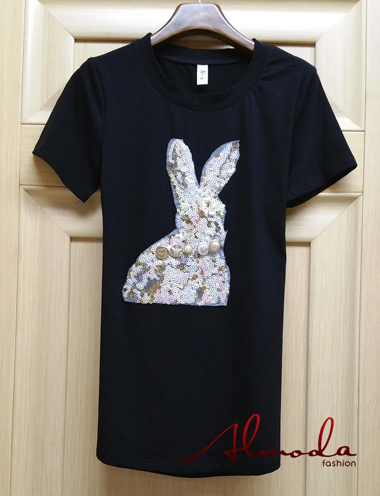 Женская футболка с блестками Almoda повседневная хлопковая черного и белого цвета