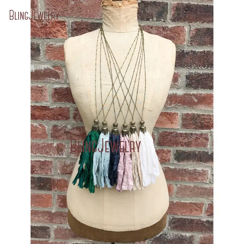 Латунная цепь Цепочки и ожерелья потертый BoHo сари шелковая кисточка ожерелье, смесь цветов NM18276
