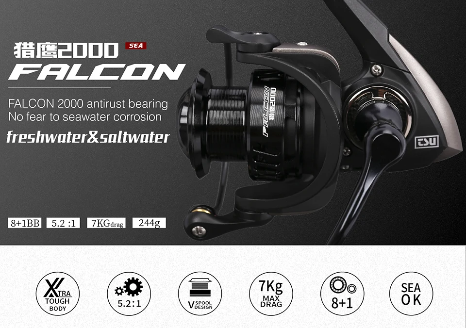 TSURINOYA FALCON 2000/3000 спиннинговая Катушка 8+ 1BB 5,2: 1 тяга 7 кг пресной воды и морской воды двойного назначения колеса Carretilha De Pesca