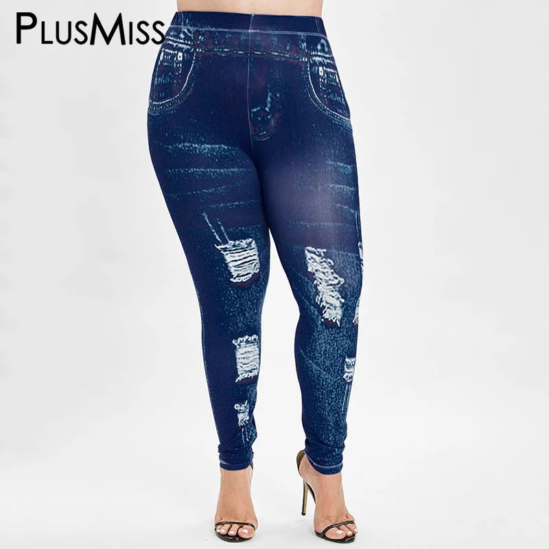 PlusMiss размера плюс 5XL пикантные эластичную искусственную 3D Джинсы Леггинсы Для