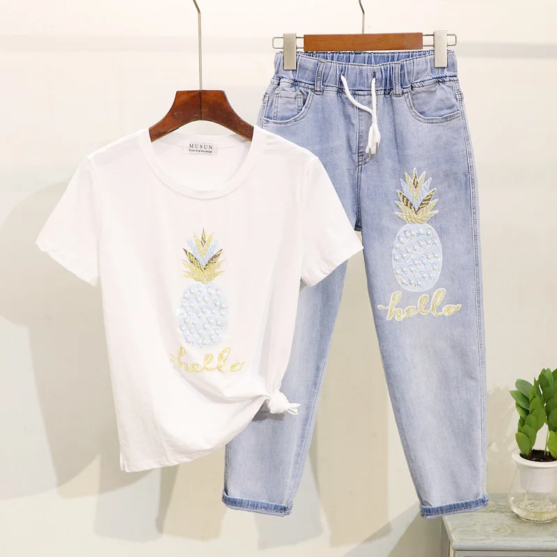 Women Summer Tees Jeans 2PCS Sets Beading Sequined Pineapple O-Neck Short Sleeve T-shirts+Lace-up Elastic Waist Denim Pants | Женская