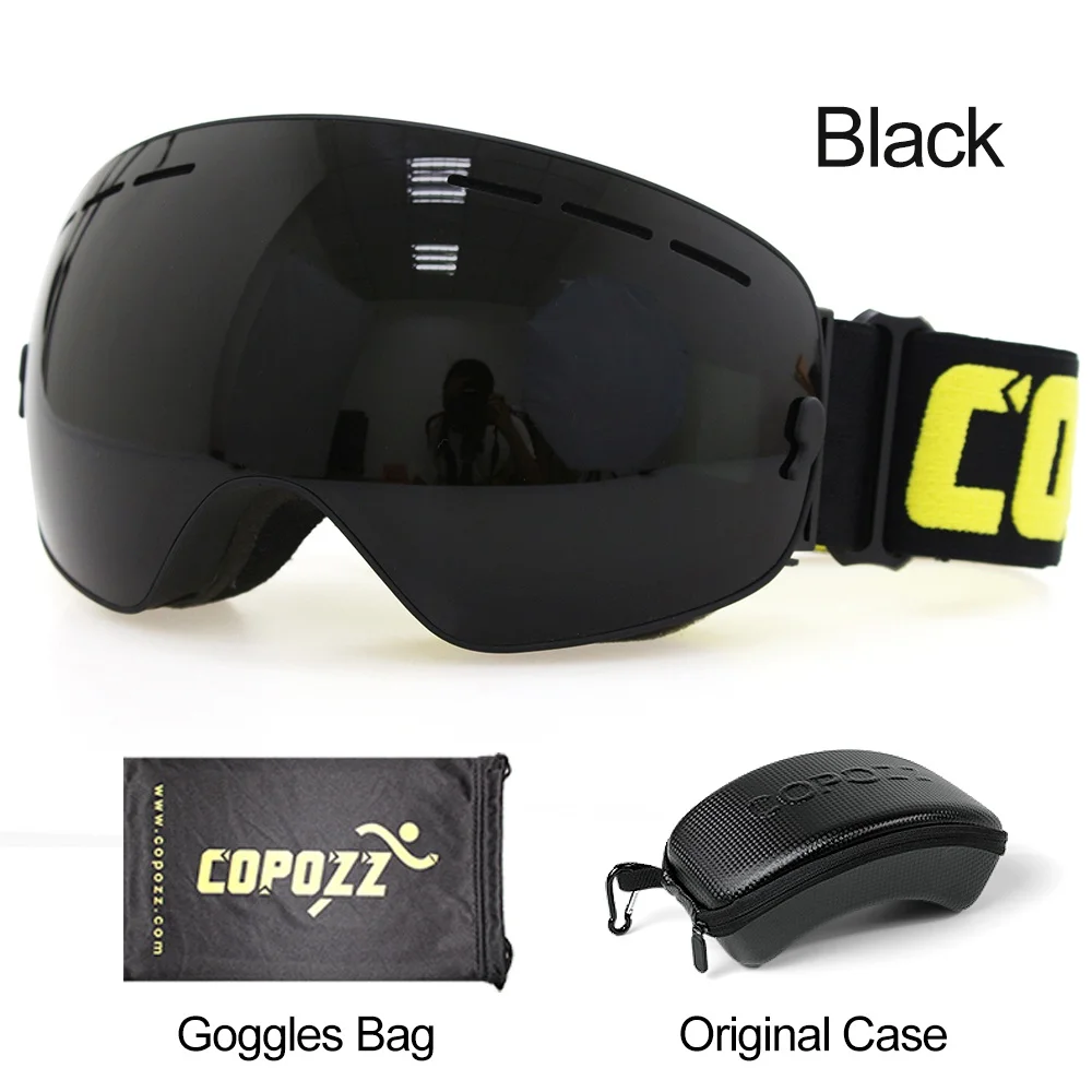 Lens black COPOZZ лыжные очки с коробкой чехол Лыжная маска UV400 Анти-туман снежные очки большие сферические лыжные Сноубординг для женщин мужчин - Цвет: Lens black