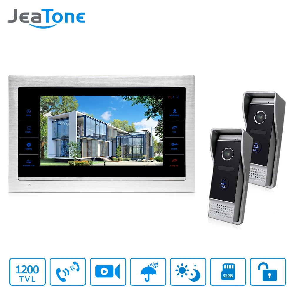 JeaTone Новый 10 &quotTFT сенсорная кнопка видео домофон дверной звонок с 1200TVL COMS 2 камера +