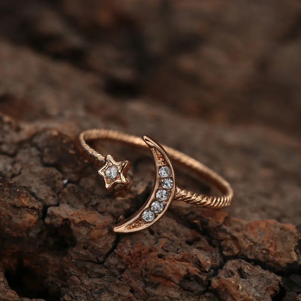 Kinitial Wholesale Crescent Moon and Star Ring Moonstone Sailor Women Wedding Open Austrian Crystal Jewelry | Украшения и