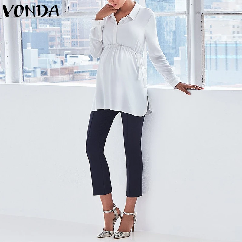 VONDA, для беременных, женские белые рубашки, осень, v-образный вырез, длинный рукав, блузка, повседневная, свободного размера плюс, топы для беременных, Blusas Femininas