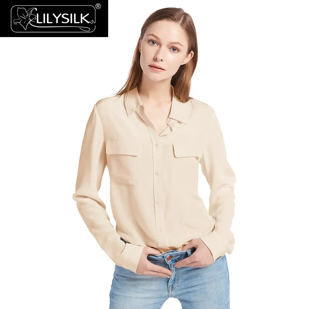 LilySilk рубашка блузка топ футболка шелковая женская 18 мм натуральный шелк легкий новинки - Цвет: Shifting Sand