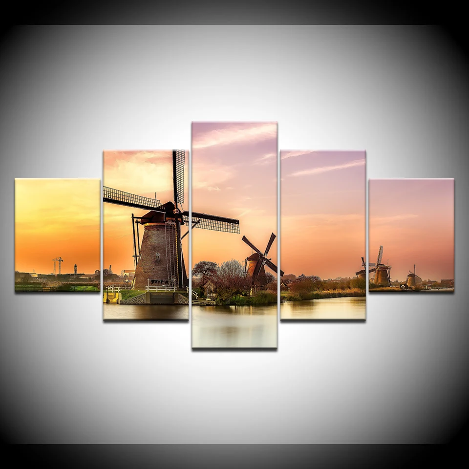 Canvas Painting Dutch factory Kinderdijk windmill 5 Pieces Wall Art Modular Wallpapers Poster Print Home Decor | Дом и сад