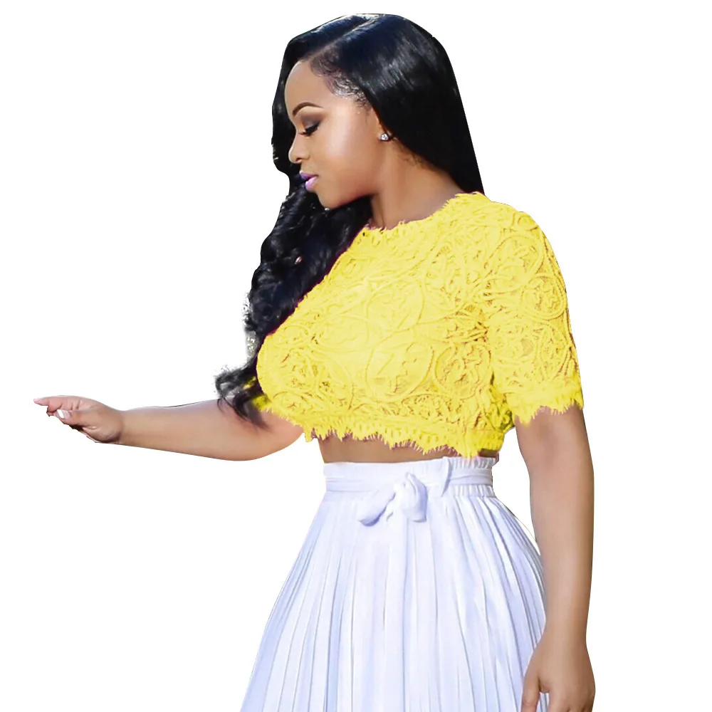 Sexy White Lace Crop Top Women Casual Slim T Shirt Short Sleeve See Through Mesh Girls 2018 | Женская одежда