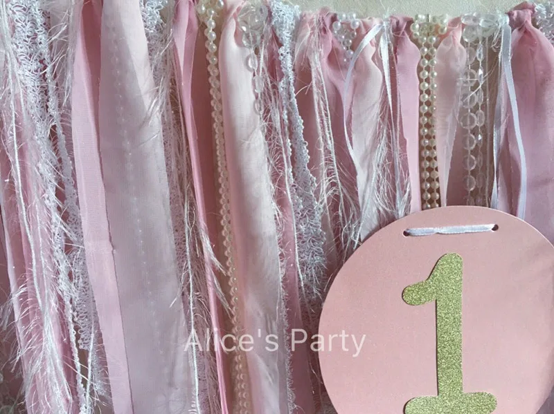 Pale Pink Chiffon Lace banner hot 1st Birthday party garland baby shower Bling one bunting girl first Wedding decorations | Дом и сад