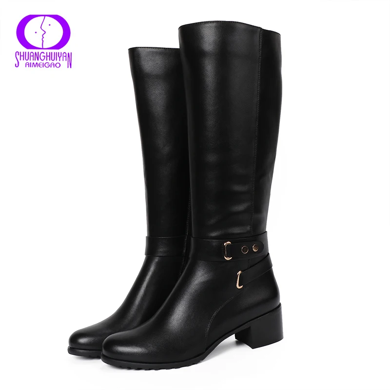 Женские сапоги до колена AIMEIGAO черные с круглым носком на молнии зима 2017|winter shoes for