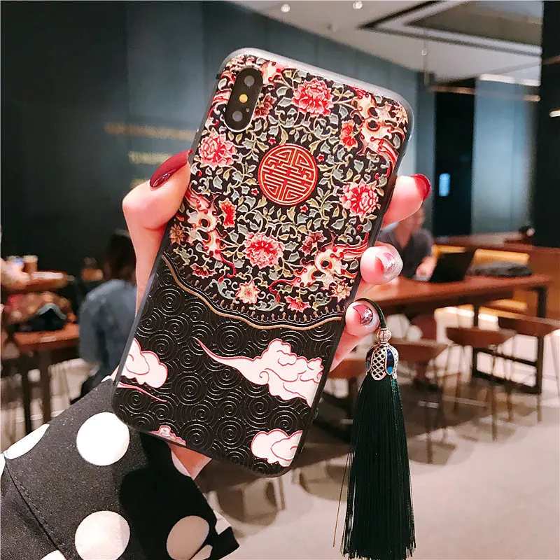Китайский стиль тисненый чехол для телефона с кисточкой для iPhone 11 Pro Max XS MAX XR мягкая задняя крышка для iPhone X 8 7 6S 6 Plus Coque