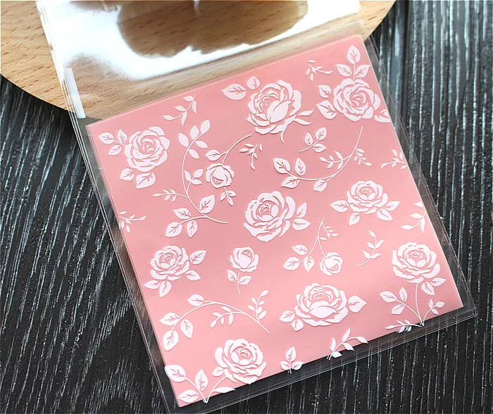 

100pcs 8x8+3cm Pink Rose Flowers Bakery Cookie Candy Sweet Biscuit Gift Soap Favor Cello Self-Adhesive OPP Plastic Bag Wedding