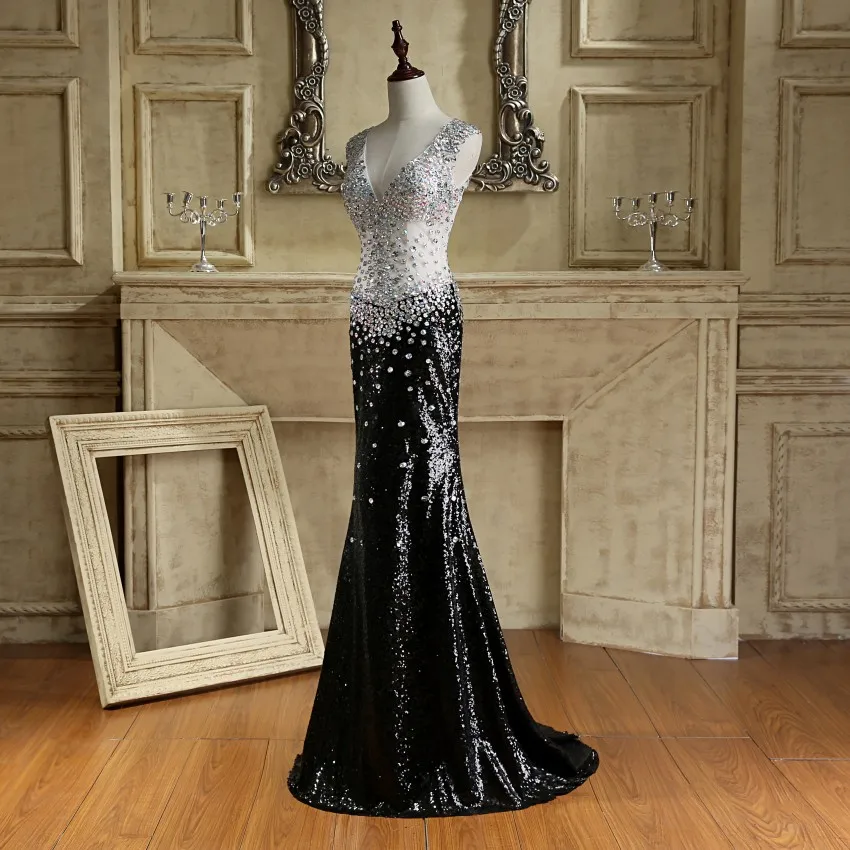 ILOVEWEDDING Вечерние платья Мермейд Формальное Черное атласное платье V-образным вырезом с кристаллами и забродированным полом Платья для вечеринок CY019.