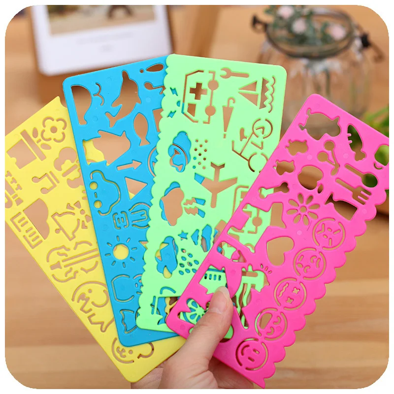 4PCS New Cute Candy Color Art Graphics Symbols Drawing Template Ruler Student Kids Stencil Rule Stationery Supplies | Канцтовары для