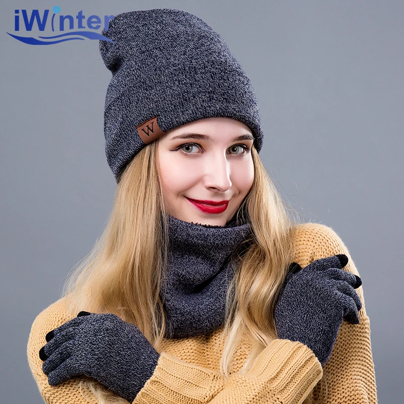 Iwinter костюм-тройка зимние Шарфы для женщин Шапки для Для мужчин Для женщин зима теплая шапка толстый шарф Smart Сенсорный экран Texting Прихватки для мангала комплект