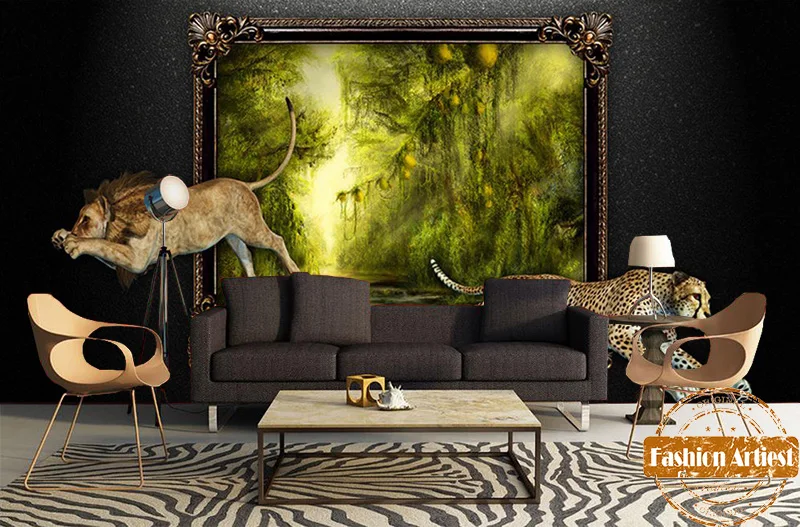 Custom 3d animal wallpaper mural lion leopard jump out of the wall tropical jungle tv sofa bedroom living room cafe restaurant |