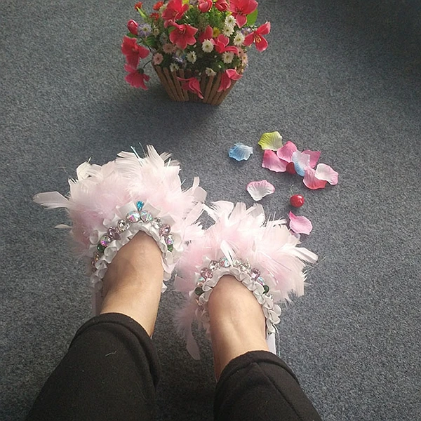 2015 New Crystal Rhinestone Feather Slippers Sandals Flip Plush Muffin Chunky Princess Shoes | Обувь