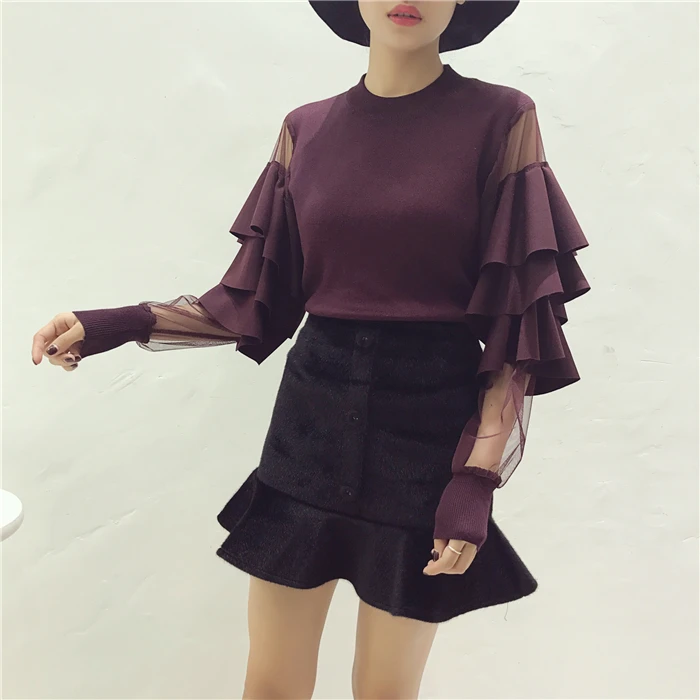 Женские вязаные свитера топы костюмы женский свитер с оборками и сетчатым