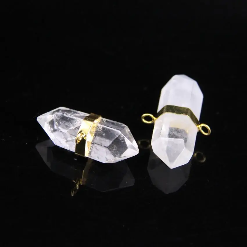 5pcs/lot Natural Clear Crystal Quartz Faceted Double Point Pendants Gold Plateds Stone Gems Hexagon Points Connectors | Украшения и