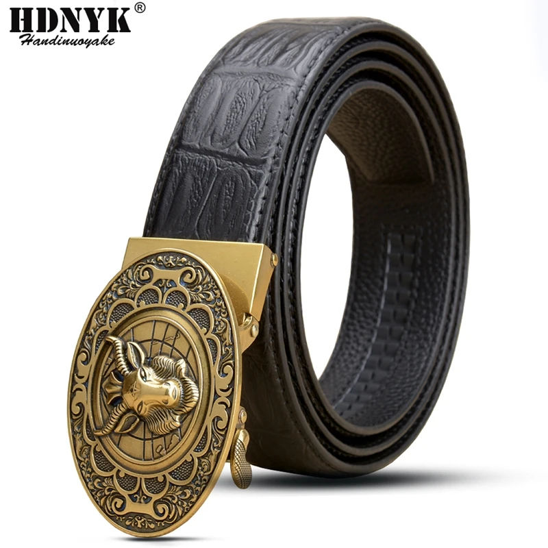 Vintage Men's Luxury Belt Genuine Leather Belts for Men Automatic Buckle Belt High Quality Sheep's Head Buckle Waistband Strap