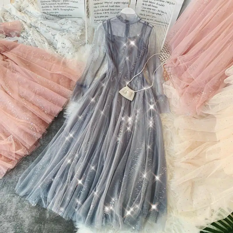 

HISUMA Women Summer Long Sleeve Bling Sequined Mesh Gauze Strap Ball Gown Dress New Elegant Slim Waist Tulle Voile Pleated Dress