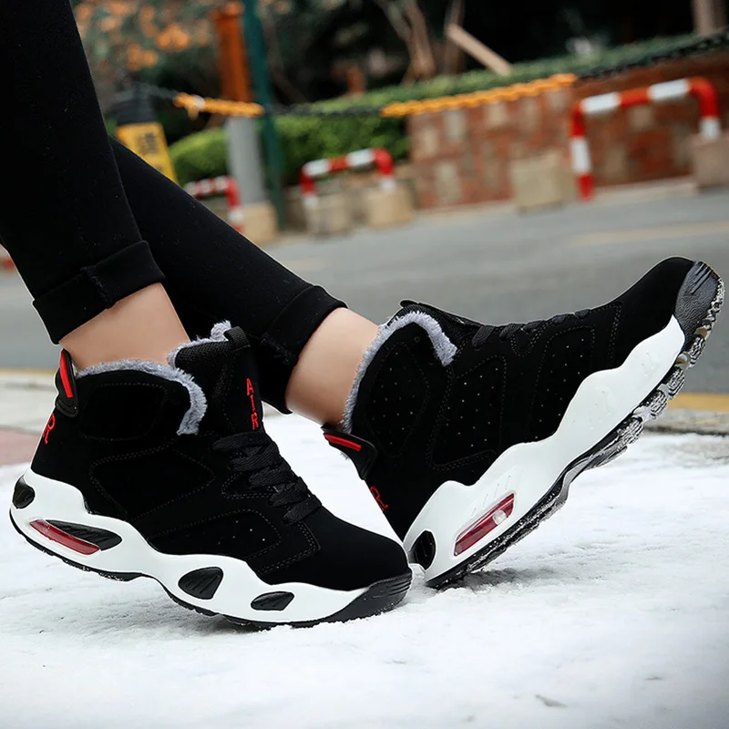Unisex Snow Boots Men Winter Warm Fur Plush High Tops Sneakers Male Air Cushion Boots Casual Lace Up Autumn Lover Flats Shoes
