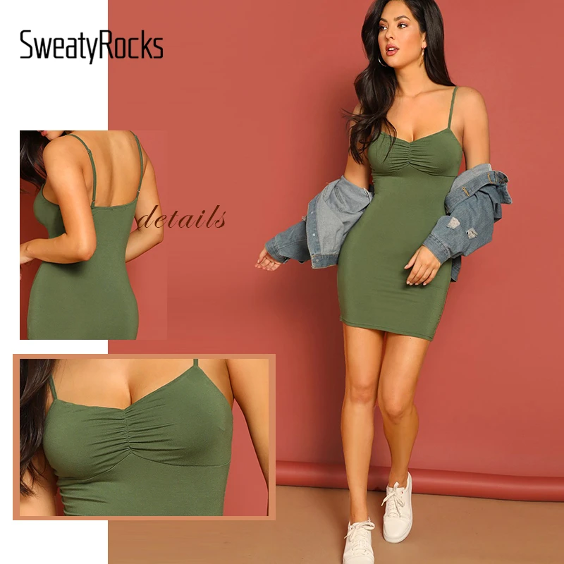 SweatyRocks облегающее мини платье на бретельках с рюшами спереди, уличная одежда, женское сексуальное однотонное элегантное облегающее платье, летнее зеленое платье