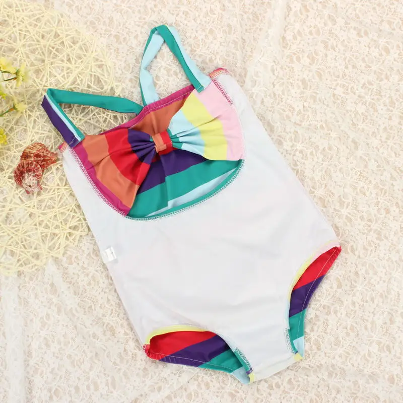 Bikini With Headband New 2019 Upgraded Kids Girls One Pieces Candy Color Striped Sling Bow Swimsuit Swimwear Biquini S91203X | Спорт и