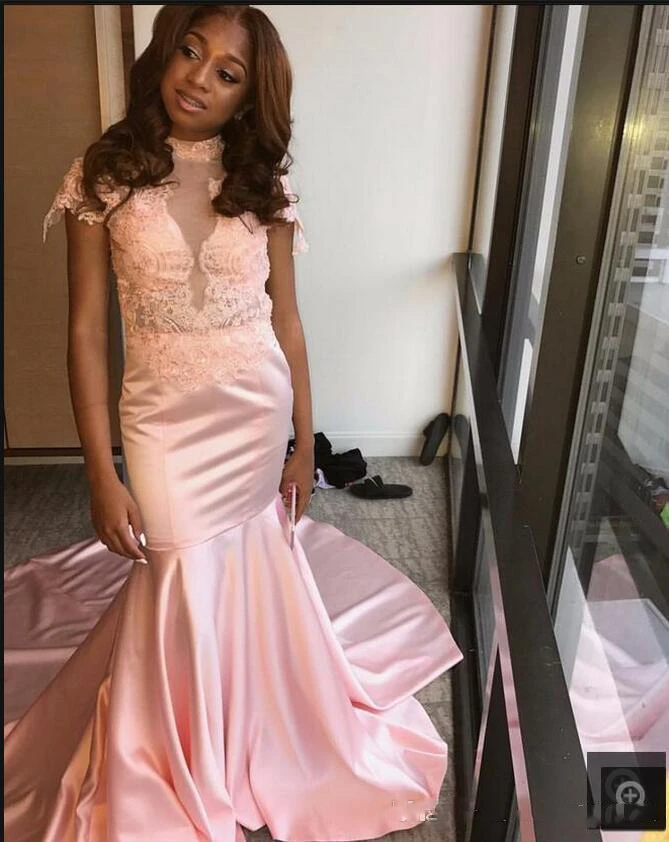 Сексуальная Коротким Рукавом Розовый Кружевной Длинные Русалка Пром Платья 2017