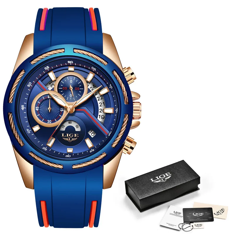 rose gold blue LIGE, мужские спортивные часы, хронограф, силиконовый, Автоматическая Дата, водонепроницаемые, кварцевые часы для мужчин, s, лучший бренд, роскошные часы, Relogio Masculino - Цвет: rose gold blue