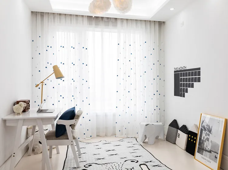 Embroidered Blue Star Tulle Curtains For Living Room Soft Sheer Curtains For Window Bedroom Curtains Fabrics Drapes 300&30