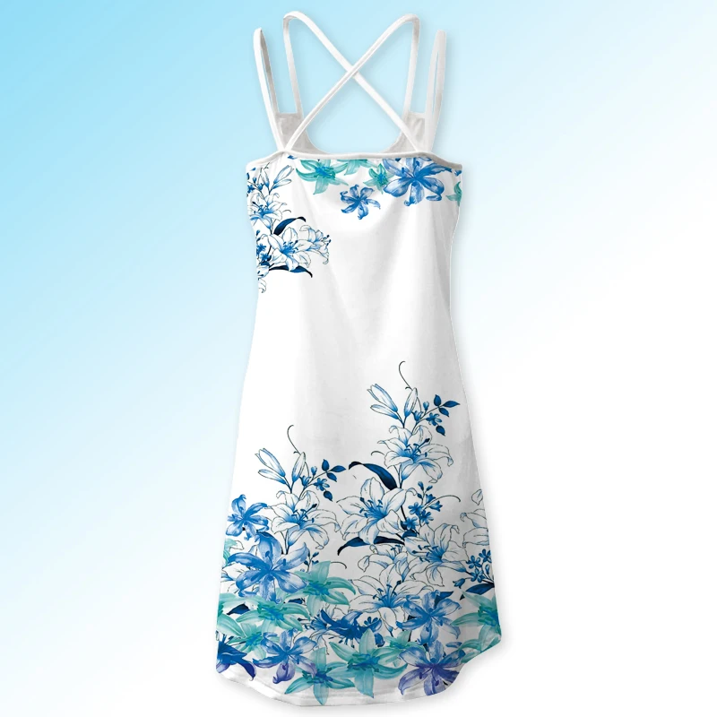Женское платье миди на бретельках без рукавов с цветочным принтом летнее пляжное