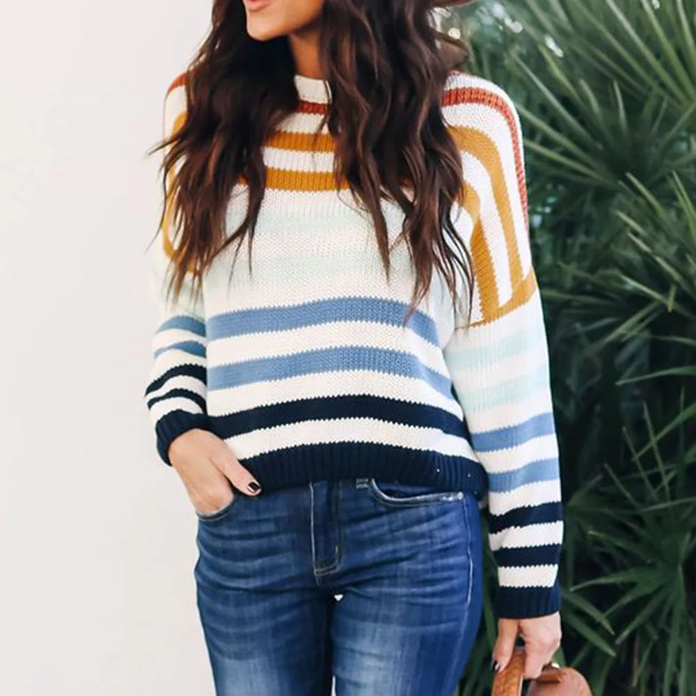 Осенний Бохо Повседневный синий дорожный размера плюс свободный женский свитер