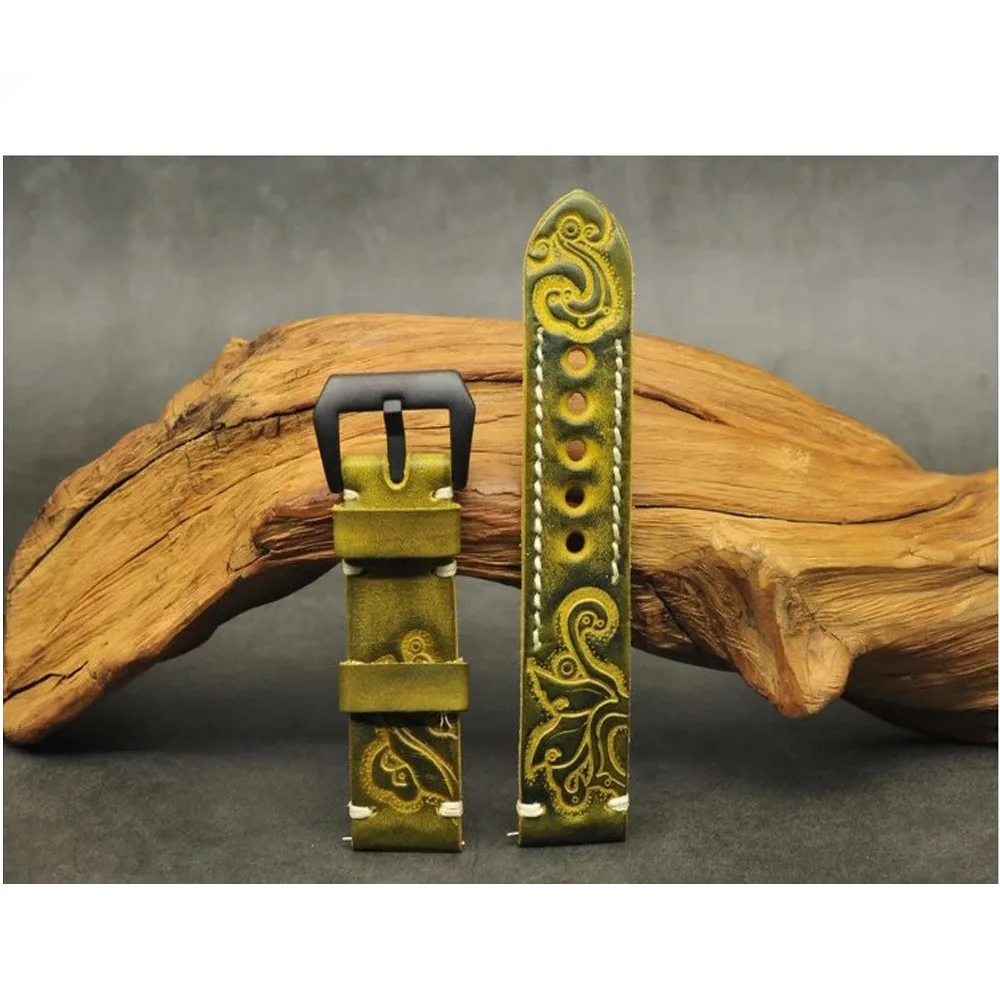 Hand-stitched Genuine Leather Watch strap Carved Embossed Watch Bands Belt with Stainless Steel Black Buckle 20mm 22mm 24mm