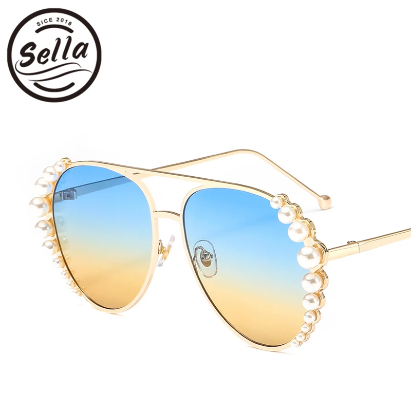 Sella Fashion Sun Glasses For Women Luxury Pearl Decoration Oversized Pilot Mirror/Gradient Lens 2018 Trending Shade | Аксессуары для