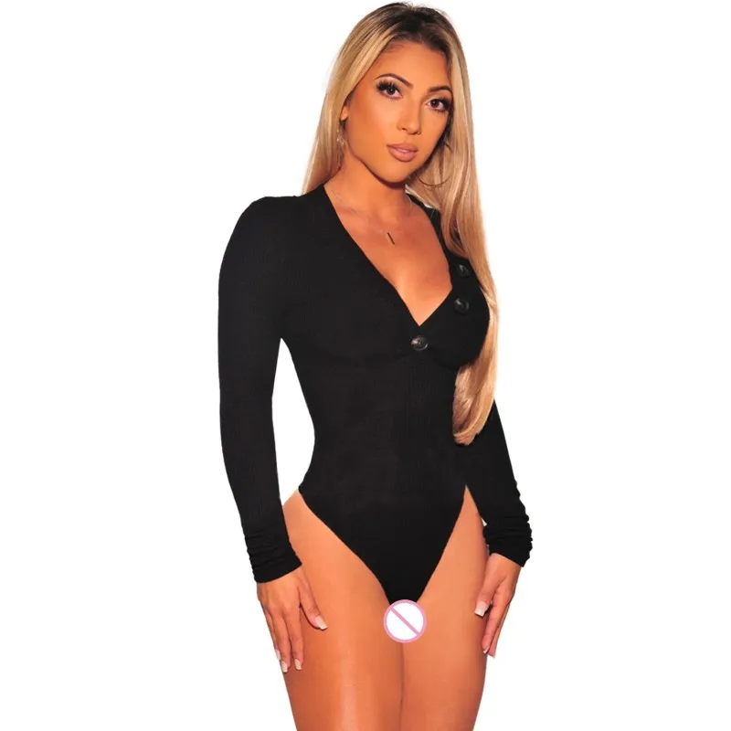 Hottable Кнопка декольте ребристые вязаная сексуальное боди Для женщин осень тонкий