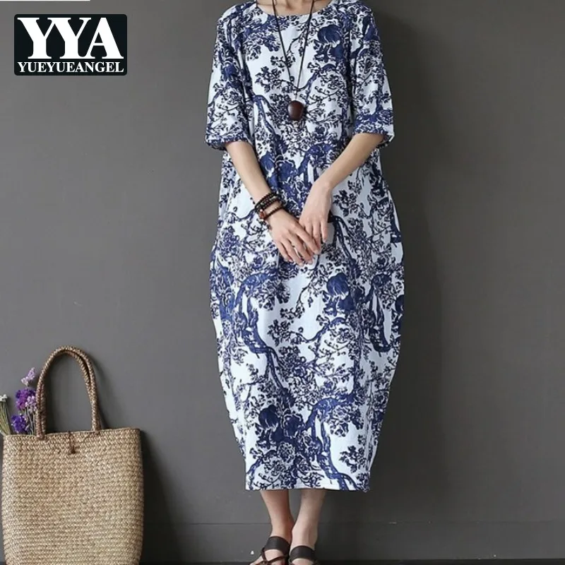 

New Cotton And Linen Summer Dress Women Plus Size 5XL Half Sleeve Loose Fit Ladies Casual Dress Fashion Printing Clothes
