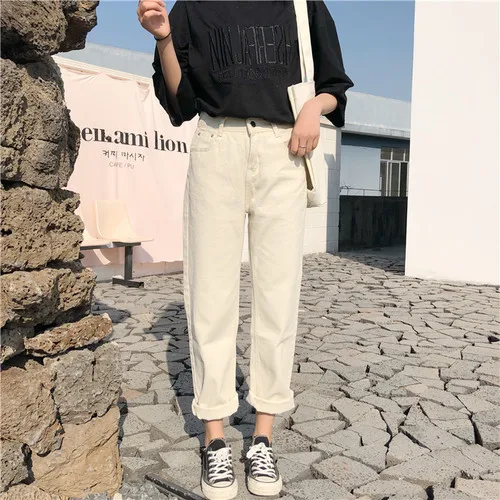 beige Капри женские повседневные однотонные простые свободные брюки на молнии женские универсальные трендовые прямые брюки с высокой талией для студентов корейский стиль - Цвет: beige