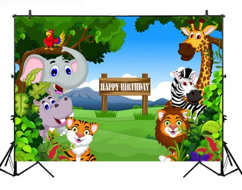 7x5FT Happy Birthday Safari Jungles Party Baby Elephant Lion Zoo Custom Photo Studio Backdrop Background Vinyl 220cm x 150cm | Электроника