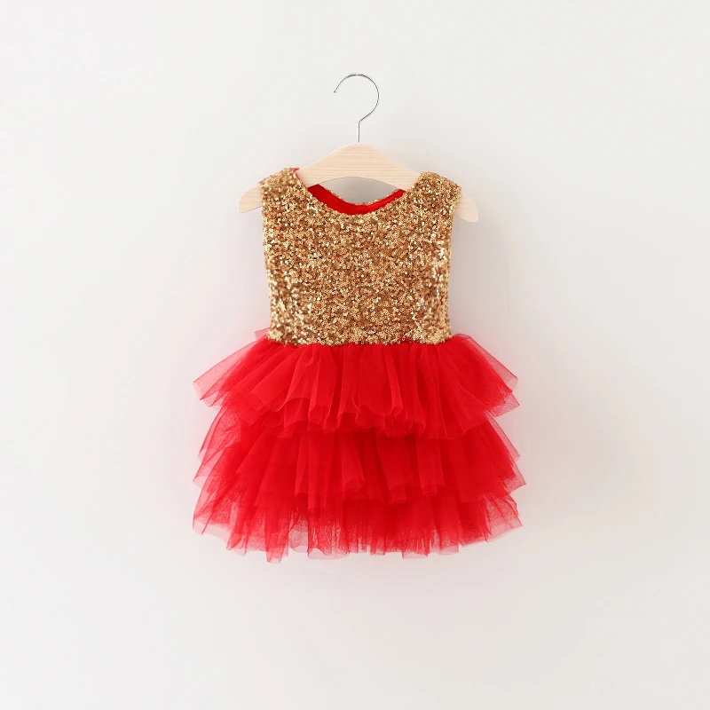 2018 chirstmas girl gold sequin red tulle dresses shinny princess flare birthday dress Puffy Mini Dresses With oversize Bows | Детская