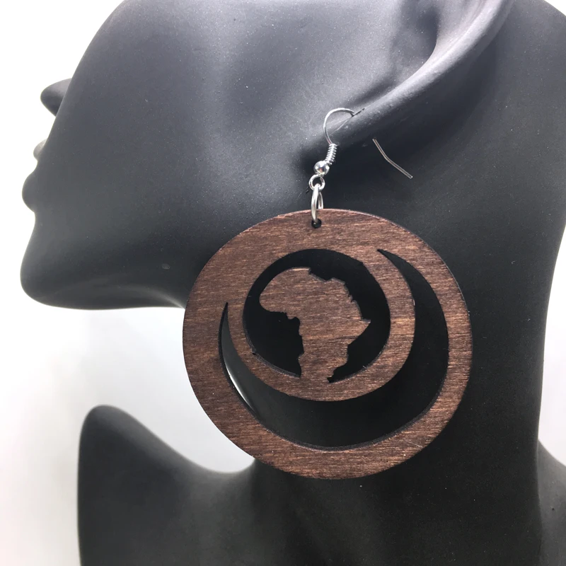 Бесплатная доставка! 6 см круглые деревянные серьги с Африканской картой 3 цвета |