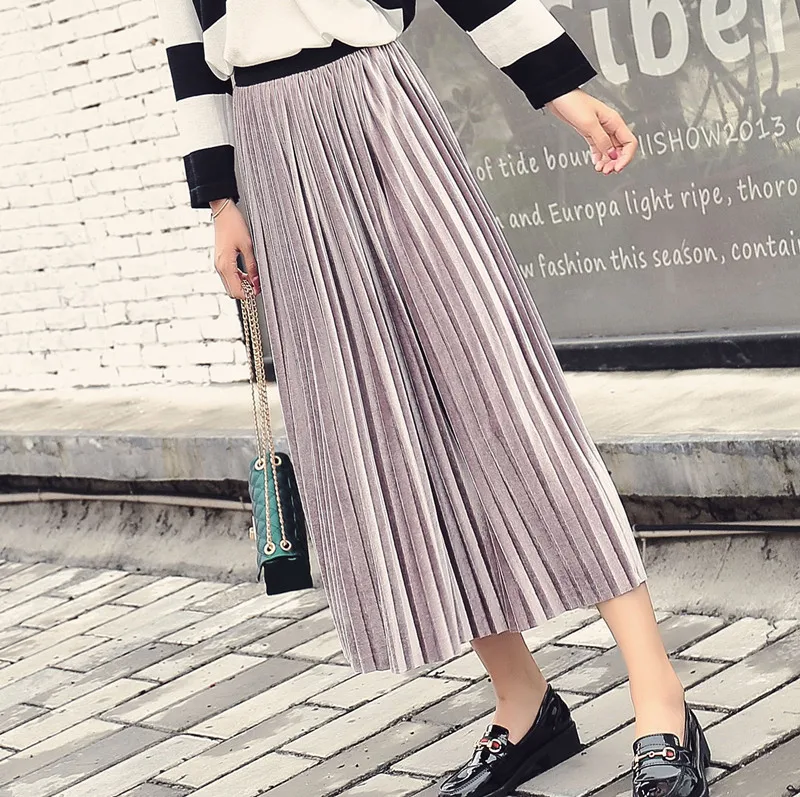 Осенняя винтажная длинная Плиссированная Юбка макси цвета металлик и серебра