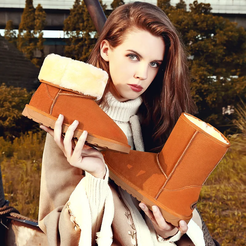 2018 Women's Winter Cow leather Snow Boots Australia Classic Plush Warm For Women Brand Mid-Calf Shoes 5825 | Обувь