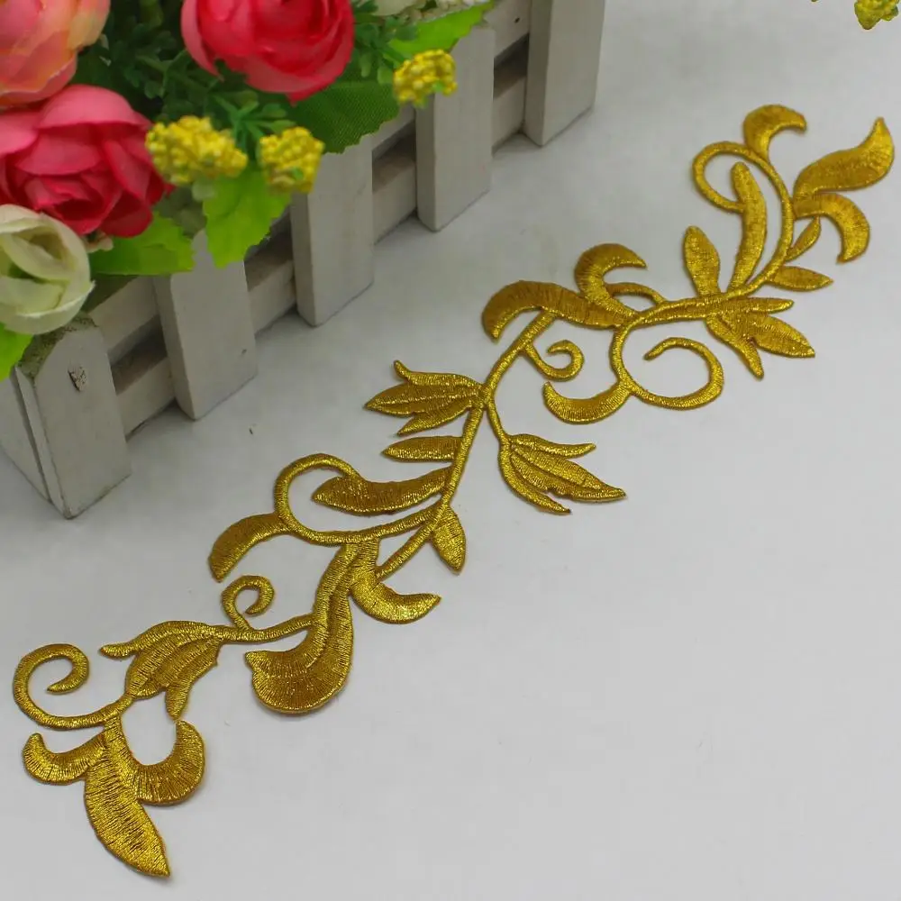Gold YACKALASI, 5 шт./лот, золотая вышивка, аппликация, кружево, косплей, костюм, нашивки, золото и серебро, цветок, железо на Венеции, планки, 24*6 см - Цвет: Gold