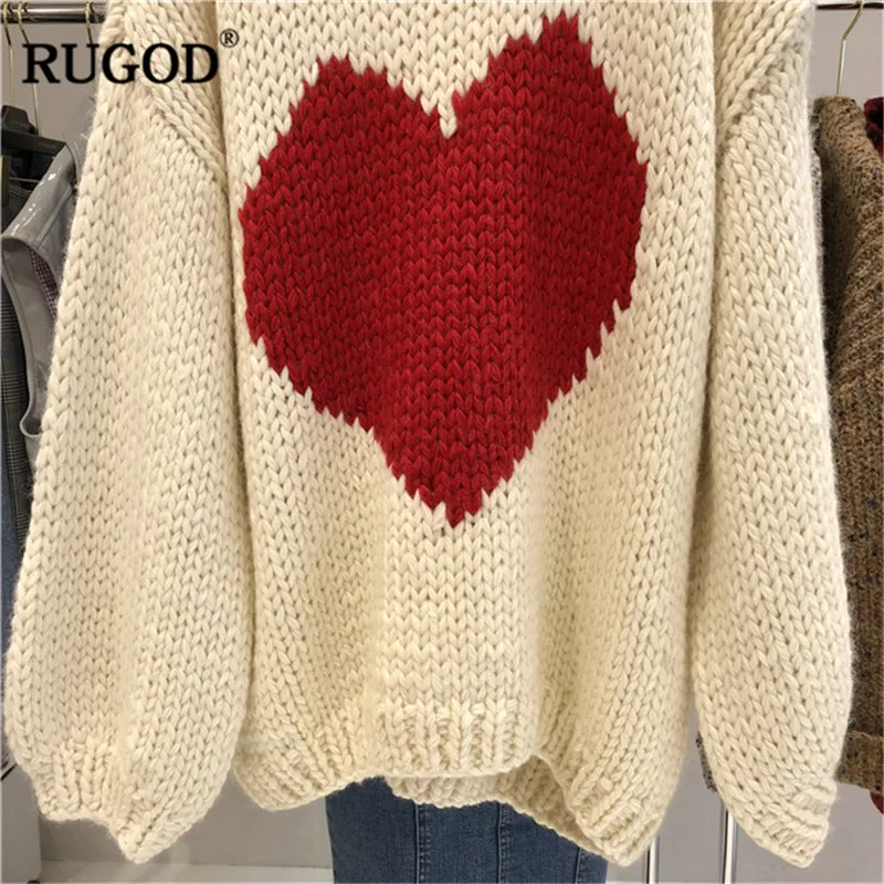 Женский вязаный свитер RUGOD красный свободный с принтом в виде сердца круглым
