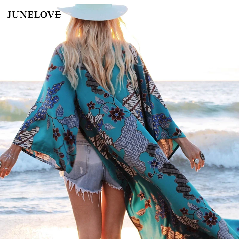 Женская шифоновая пляжная блузка JuneLove с принтом длинным рукавом летучая мышь