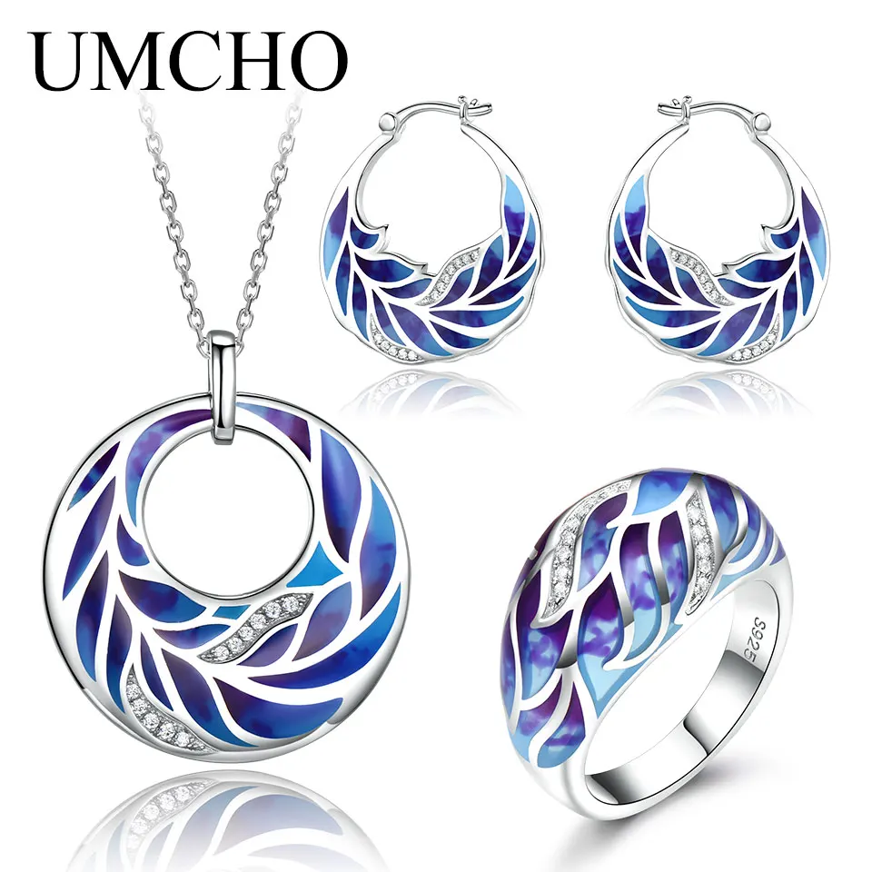 Colorful UMCHO дамские сделанные вручную серебряные украшения набор кольцо серьги ожерелье 925 сплошной цвет белый CZ завод цветок уникальное кольцо женские Вечерние - Цвет камня: Colorful