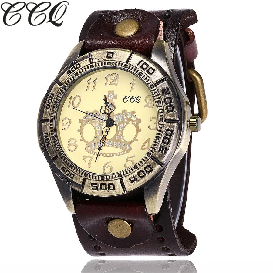 CCQ Марка Винтаж Кожа Коровы Корона Часы Casual Luxury Мужчины Наручные Кварцевые Relogio