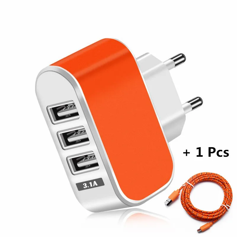 Зарядное устройство USB с 3 портами, 5 В, 2 А, сетевой адаптер питания USB для путешествий, зарядное устройство для телефона европейского стандарта для iPhone 11 Pro Max Xiaomi Mi note 10 Pro, зарядка - Тип штекера: Orange With Cable